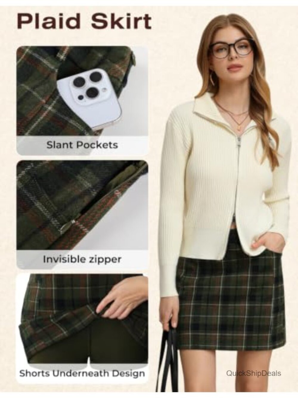 High Waist Plaid Mini Skort with Pockets Pencil Skirt - Picture 2 of 6